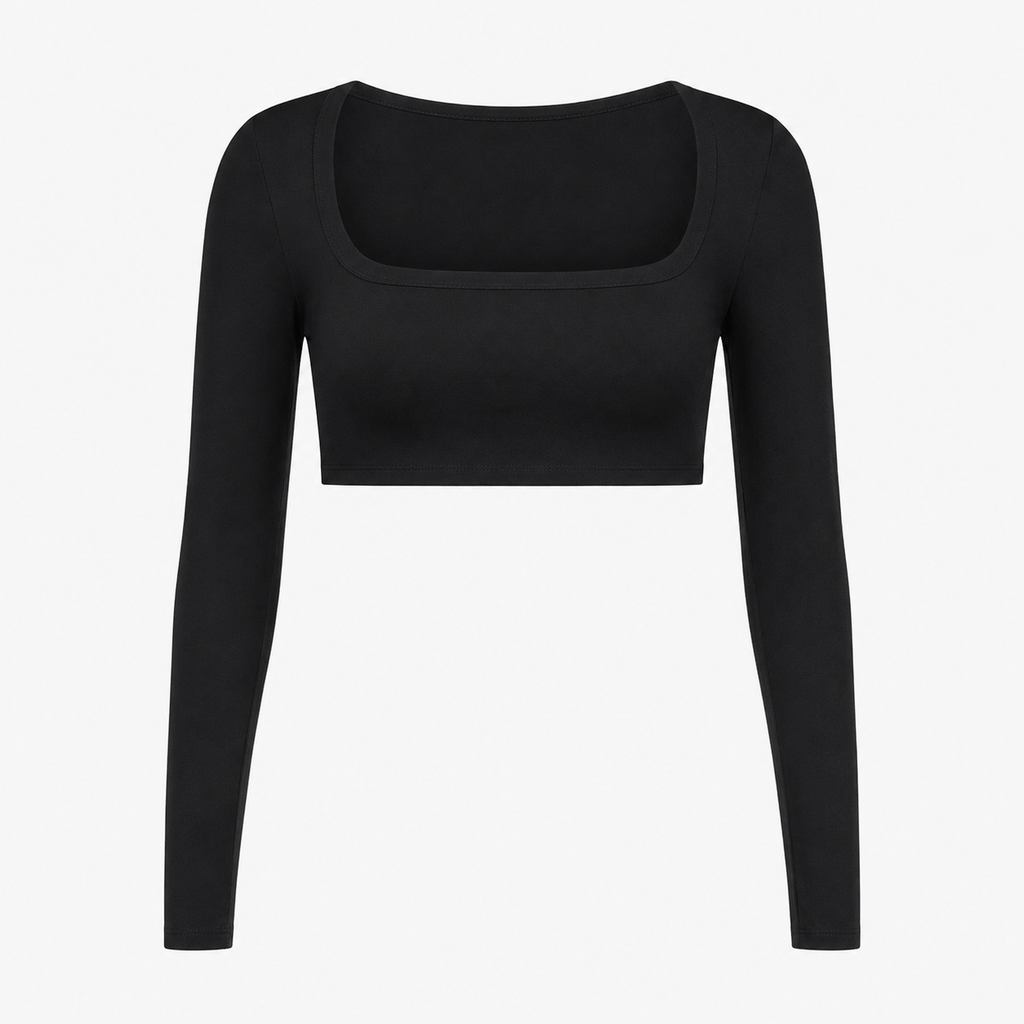 Flat lay of the Fitfigura Freedom Scoop Long Sleeve Crop Top in black, showing the long sleeves, scoop neckline, and cropped shape.