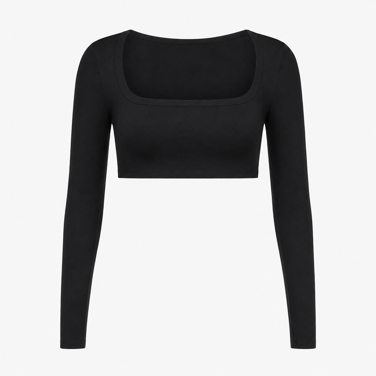 Flat lay of the Fitfigura Freedom Scoop Long Sleeve Crop Top in black, showing the long sleeves, scoop neckline, and cropped shape.