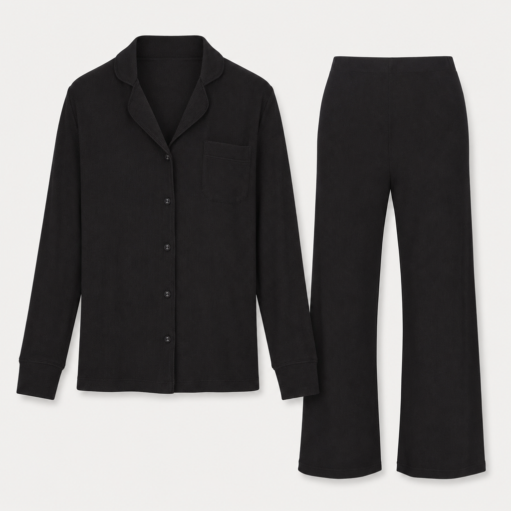 Flat lay of the FitFigura Soft LoungeWear Set – Comfort Form in Onyx Black, showing the button-up long-sleeve top and matching wide-leg lounge pants.