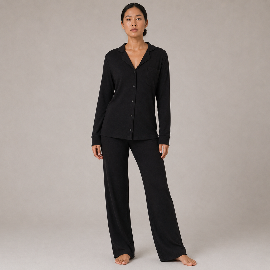 Model wearing the FitFigura Soft LoungeWear Set – Comfort Form in Onyx Black, featuring a long-sleeve button-up lounge top and relaxed wide-leg pants, front view.