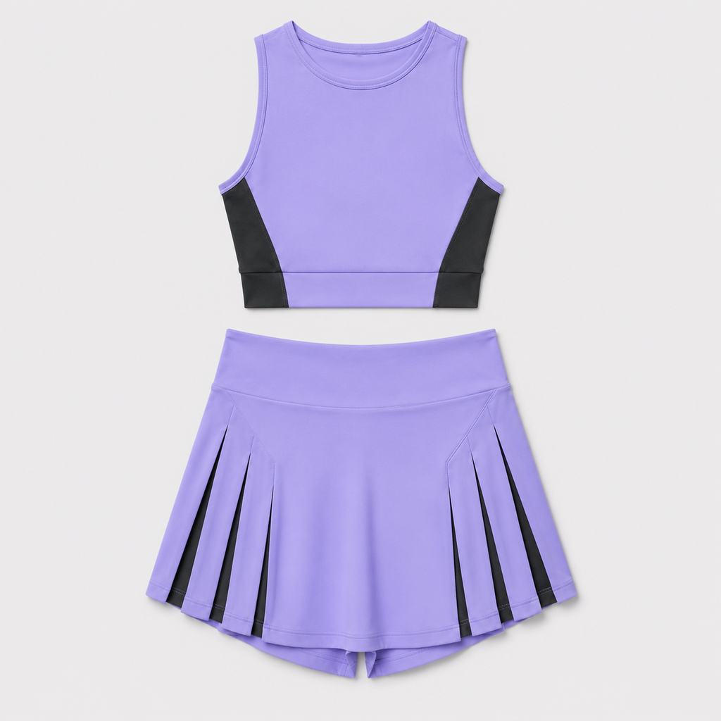 Flat lay of the Fitfigura Ace Motion Performance Set – Sculpt Match Form in light purple, featuring a sleeveless crop top and matching pleated skirt.