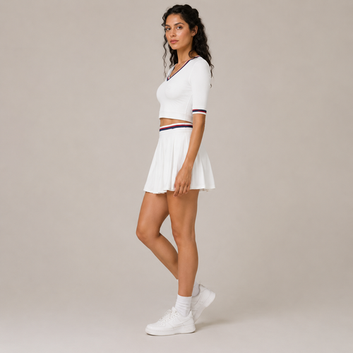 Side-angle studio view of the white Fitfigura Ace Set – Signature Court Form, showing the short-sleeve top, pleated skirt, and sporty court styling.