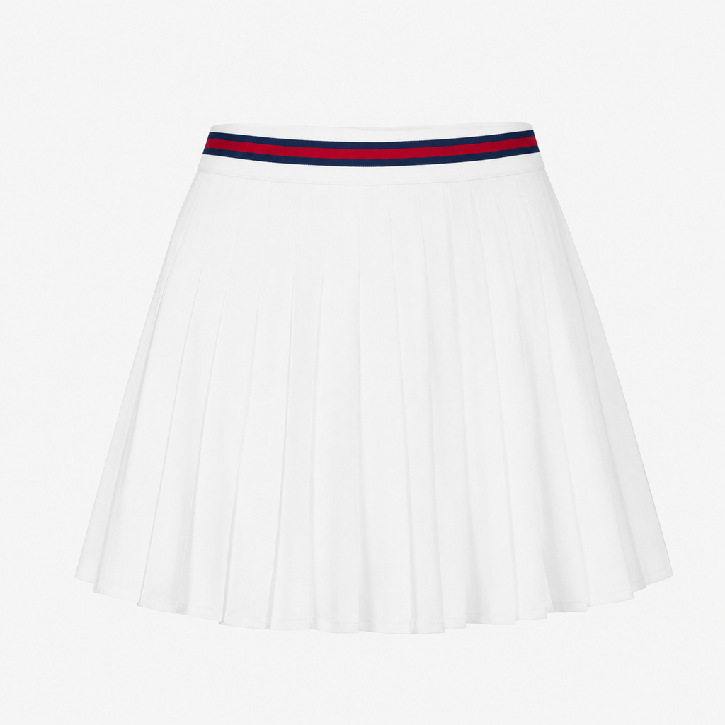 Flat lay of the white pleated skirt from the Fitfigura Ace Set – Signature Court Form, showing the contrast waistband detail.