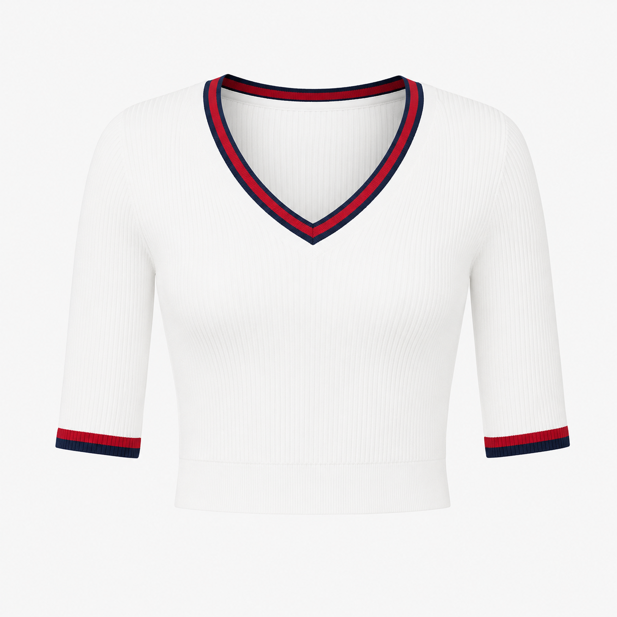 Flat lay of the white Fitfigura Ace Set – Signature Court Form top, featuring a V-neckline with contrast trim and short sleeves.