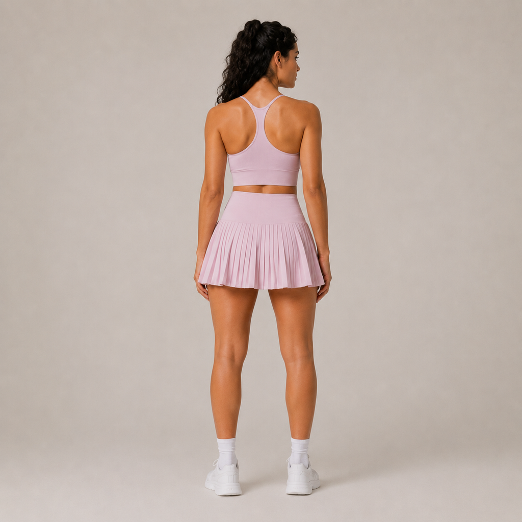 Back view of the light pink Fitfigura Ace Skirt – Pleated Form, showing the rear fit and pleated skirt shape.