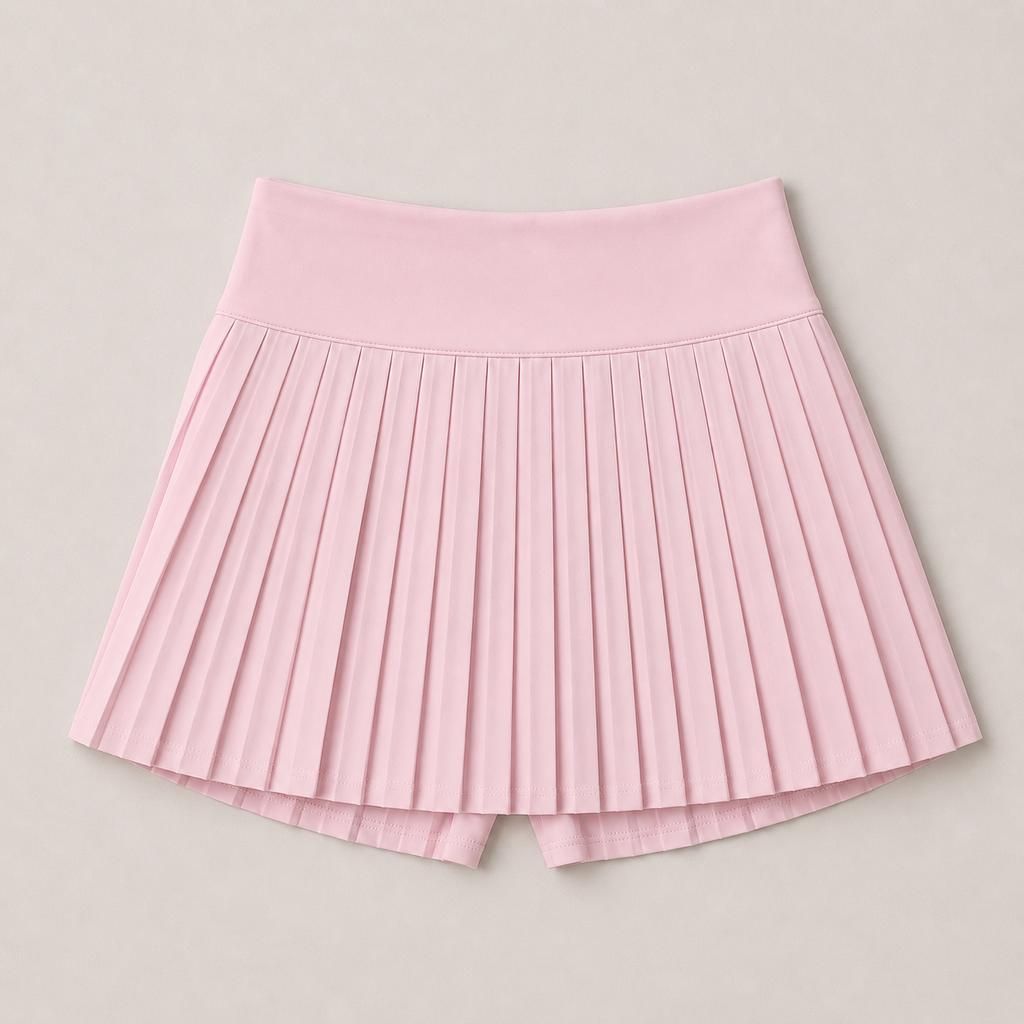 Flat lay of the Fitfigura Ace Skirt – Pleated Form in light pink, showing the pleated design and wide waistband.