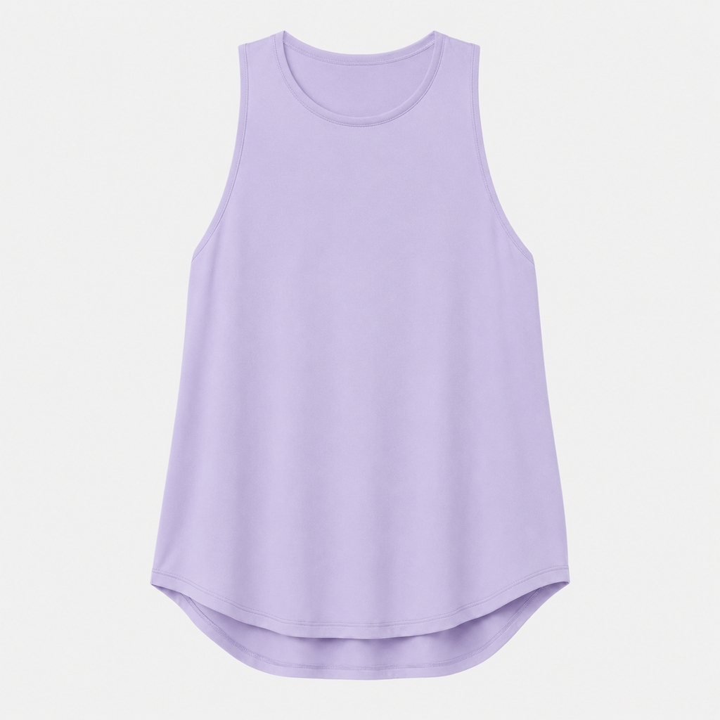Flat lay of the Fitfigura Ace Top – Sculpt Tank Form in light purple, showing the sleeveless neckline, curved hem, and smooth athletic fabric.