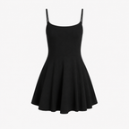 Flat lay of the Fitfigura Club Dress – Luxe Court Form in black, showing the slim straps, scoop neckline, and flared skirt silhouette.