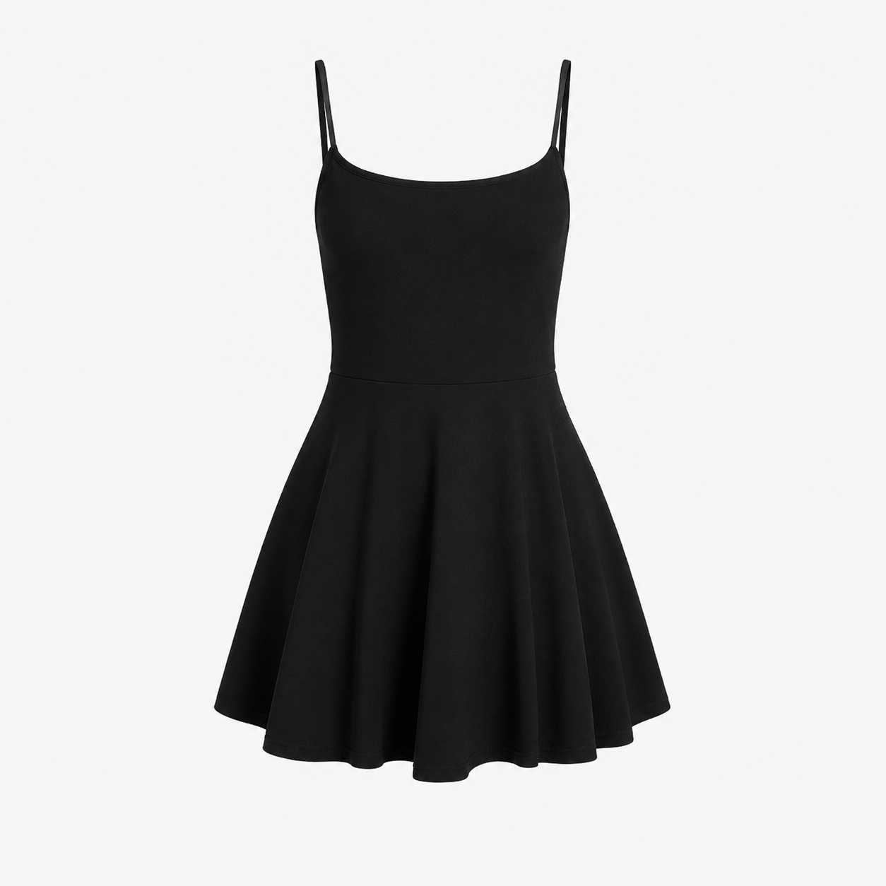 Flat lay of the Fitfigura Club Dress – Luxe Court Form in black, showing the slim straps, scoop neckline, and flared skirt silhouette.