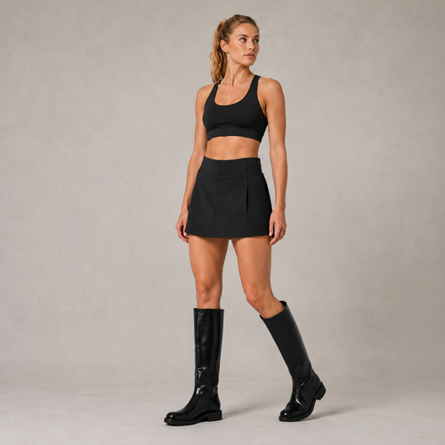 Angled studio view of the black Fitfigura Club Skirt – Luxe Resort Form, highlighting the sleek mini skirt silhouette and coordinated resort-style look.