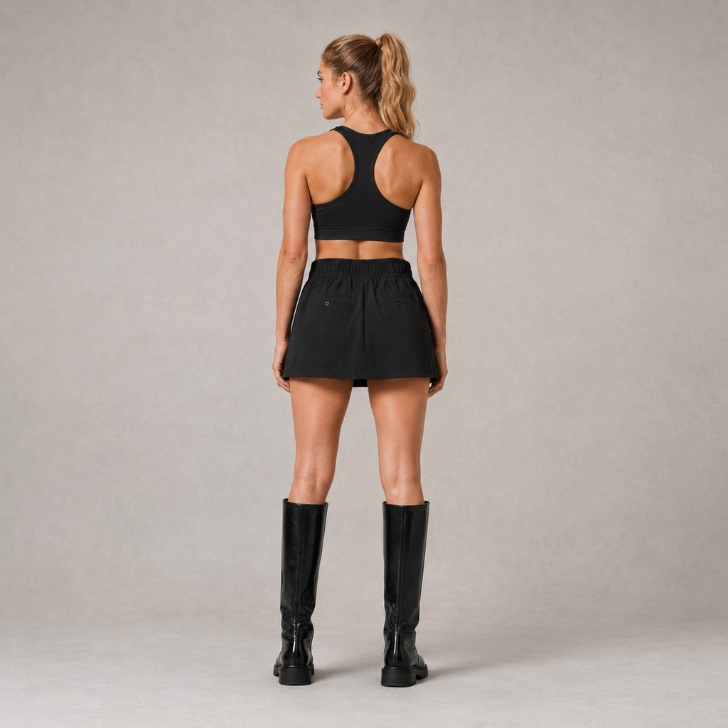 Back view of the black Fitfigura Club Skirt – Luxe Resort Form, showing the rear fit of the skirt styled with a matching black sports bra and tall boots.