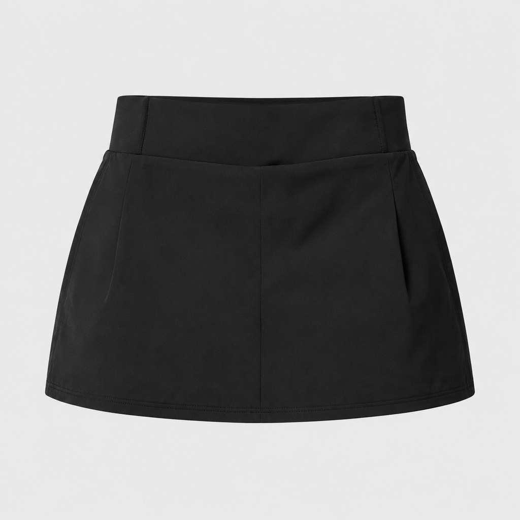 Flat lay of the Fitfigura Club Skirt – Luxe Resort Form in black, showing the skirt’s clean lines and compact resort-inspired silhouette.