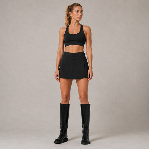 Model wearing the Fitfigura Club Skirt – Luxe Resort Form in black with a matching black sports bra and black knee-high boots, shown from the front.