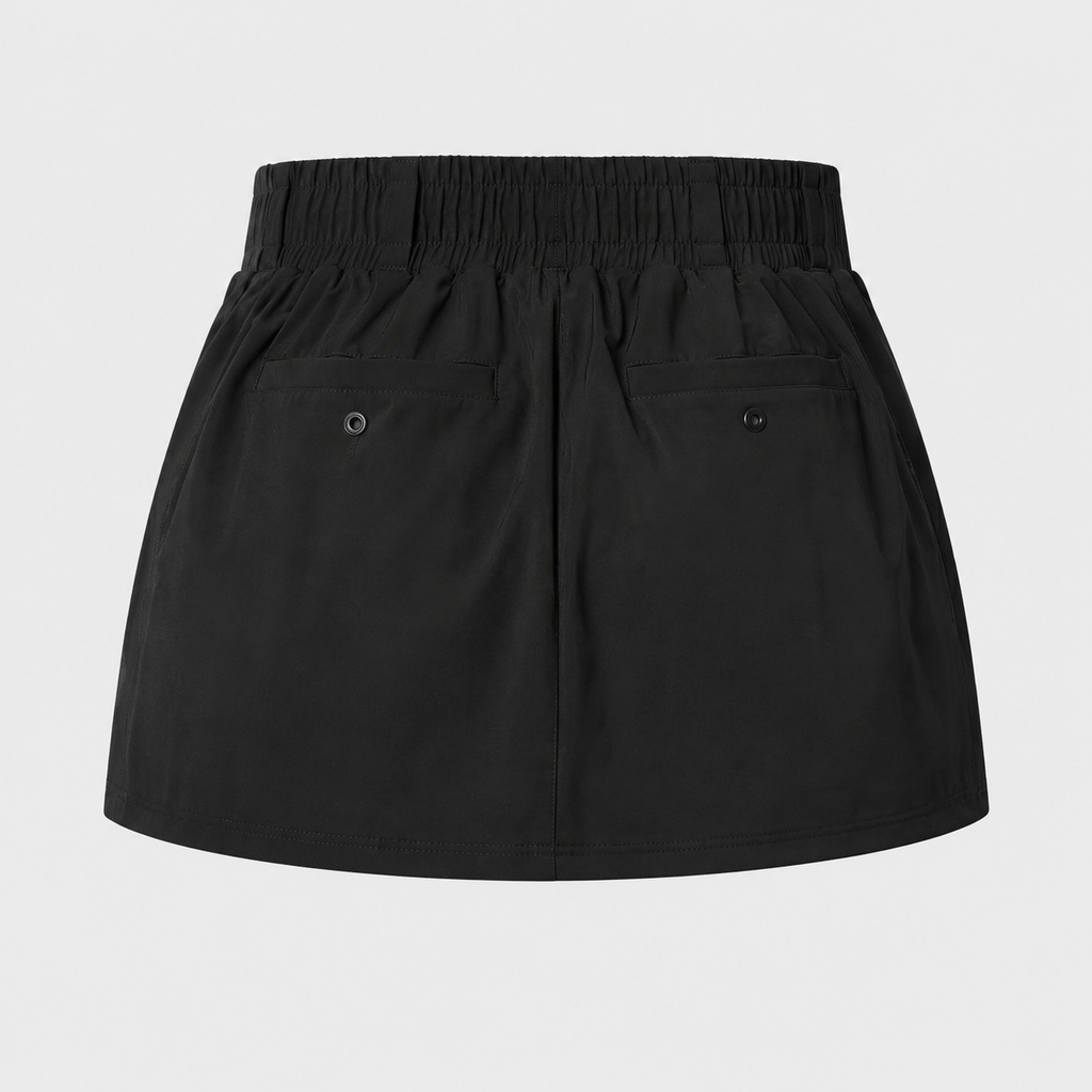 Product-only view of the black Fitfigura Club Skirt – Luxe Resort Form, showing the smooth waistband and structured mini skirt shape.