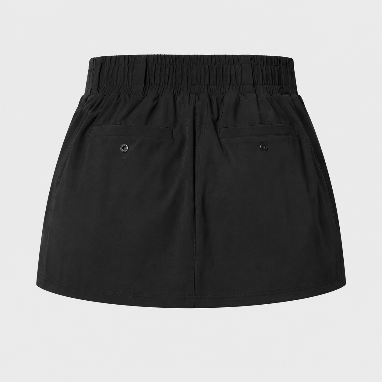 Product-only view of the black Fitfigura Club Skirt – Luxe Resort Form, showing the smooth waistband and structured mini skirt shape.