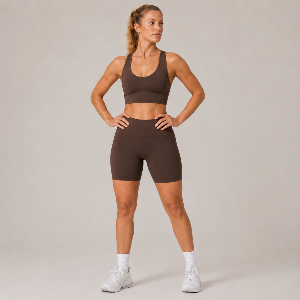 Model wearing the Fitfigura Contour Bra – Defined Sculpt in dark brown with matching shorts, shown from the front with a supportive scoop neckline.