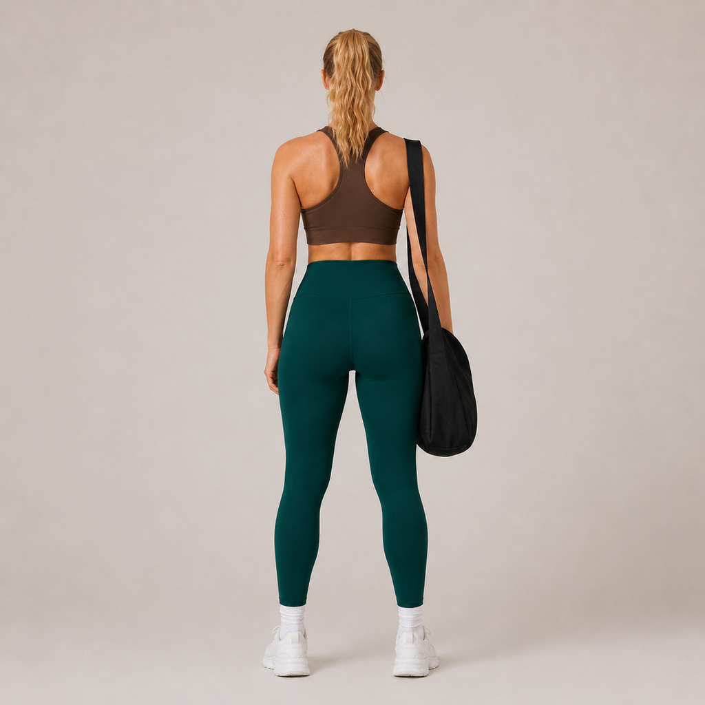 Back view of the deep teal Fitfigura Core Compression Legging, showing the smooth rear fit and full-length leg design.