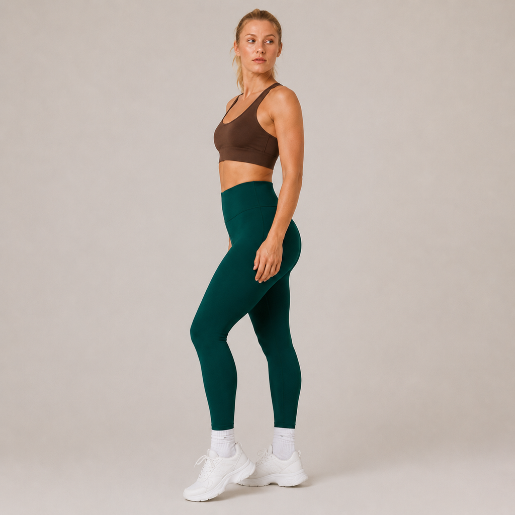 Full-body studio view of the deep teal Fitfigura Core Compression Legging, styled with a brown sports bra and white socks.