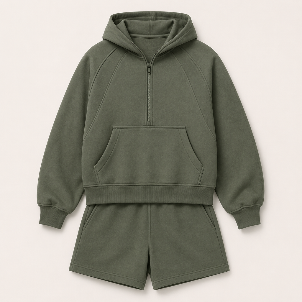Flat lay of the Fitfigura Core Hoodie – Essential Form in olive green, featuring the hoodie and matching shorts.