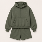 Flat lay of the Fitfigura Core Hoodie – Essential Form in olive green, featuring the hoodie and matching shorts.