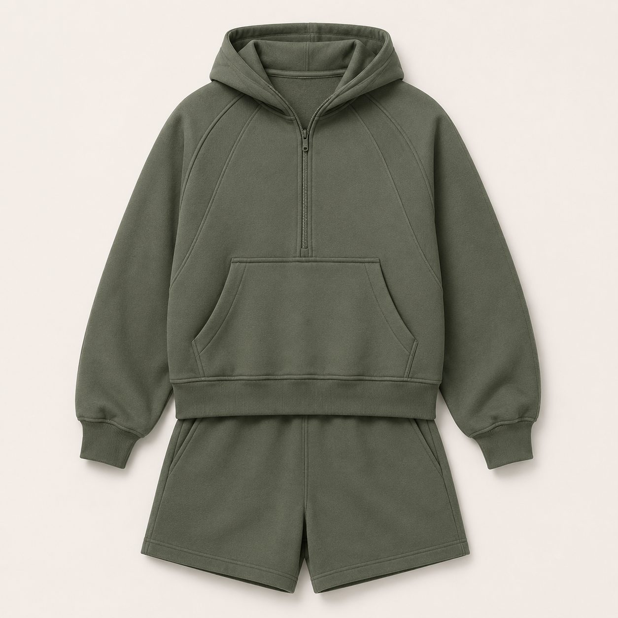 Flat lay of the Fitfigura Core Hoodie – Essential Form in olive green, featuring the hoodie and matching shorts.