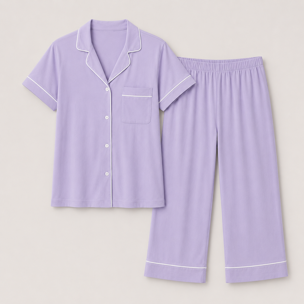 Flat lay of the Fitfigura Core Loungewear Set – Essential Form in light purple with a button-up short-sleeve top and matching pants.