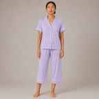 Full-body front view of the light purple Fitfigura Core Loungewear Set – Essential Form with short-sleeve button-up top and matching lounge pants.