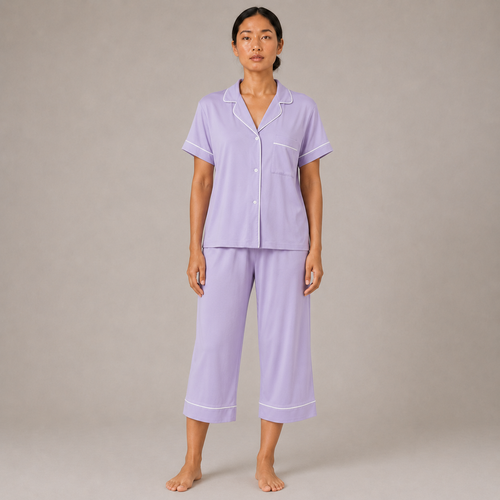 Full-body front view of the light purple Fitfigura Core Loungewear Set – Essential Form with short-sleeve button-up top and matching lounge pants.