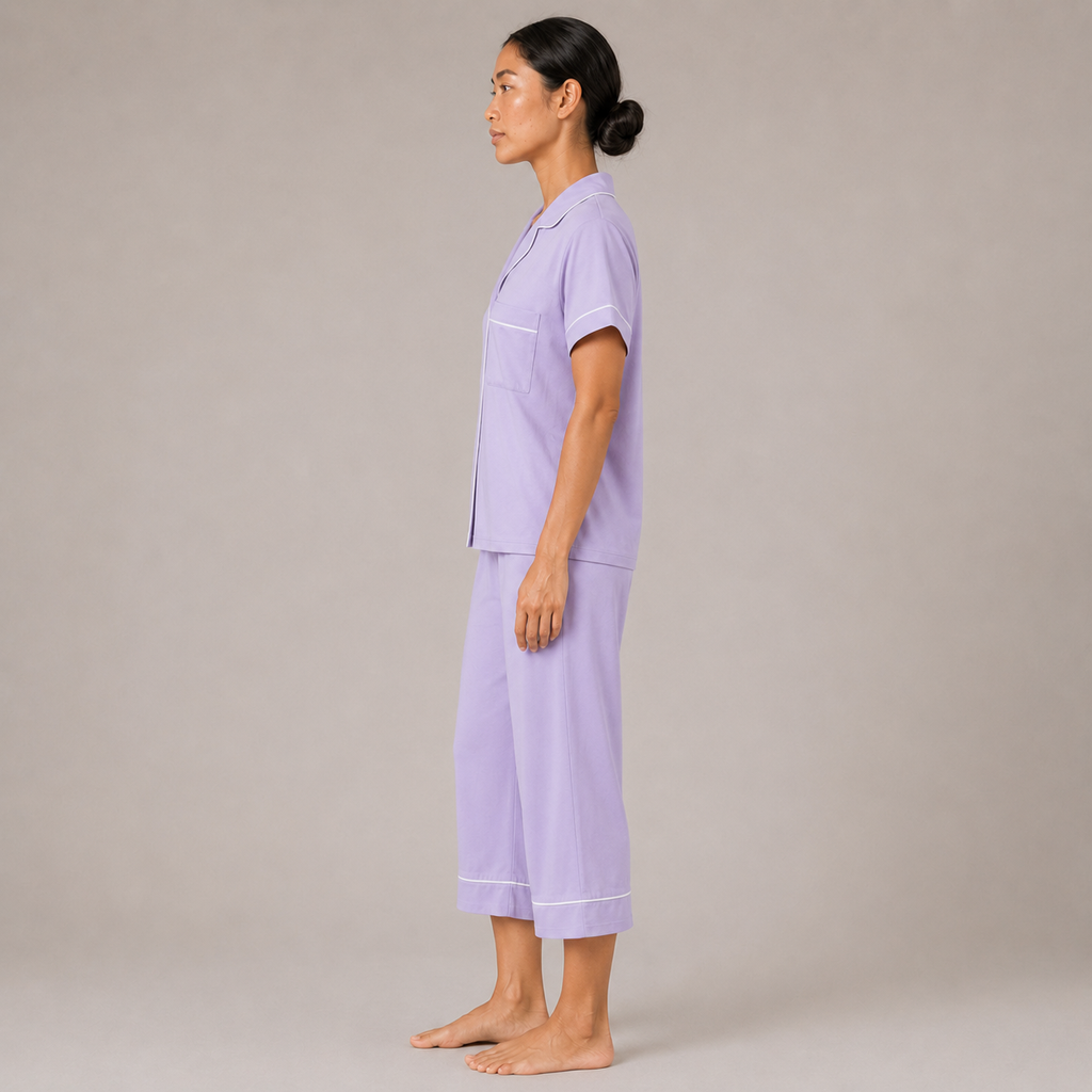 Side view of the Fitfigura Core Loungewear Set – Essential Form in light purple, showing the straight-leg pants and relaxed top silhouette.