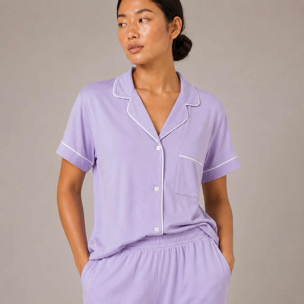 Close-up of the light purple Fitfigura Core Loungewear Set – Essential Form showing the collar, buttons, and soft neckline detail.