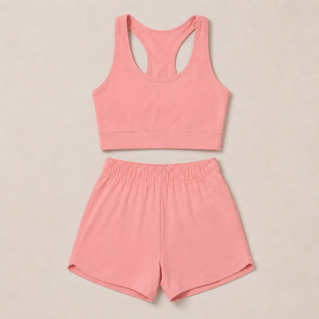 Flat lay of the Fitfigura Core Set – Minimal Sculpt Form in coral pink, featuring a sleeveless crop top and matching skirt.