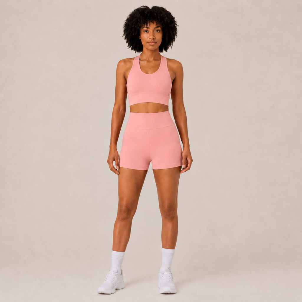 Model wearing the Fitfigura Core Set – Minimal Sculpt Form in coral pink, featuring a sleeveless crop top and matching skirt, shown from the front.