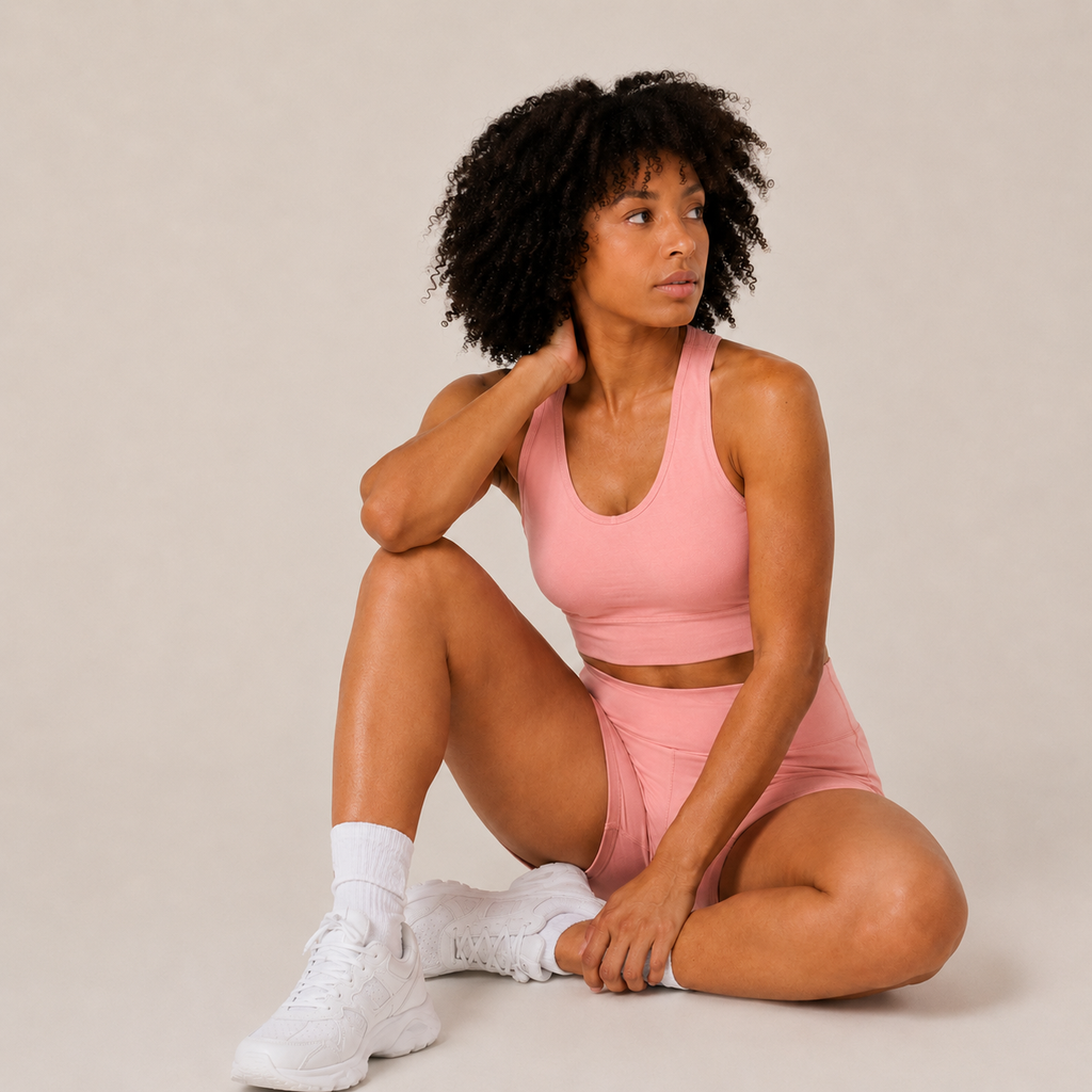 Model seated in the coral pink Fitfigura Core Set – Minimal Sculpt Form, showing the soft sculpting fit and relaxed activewear style.
