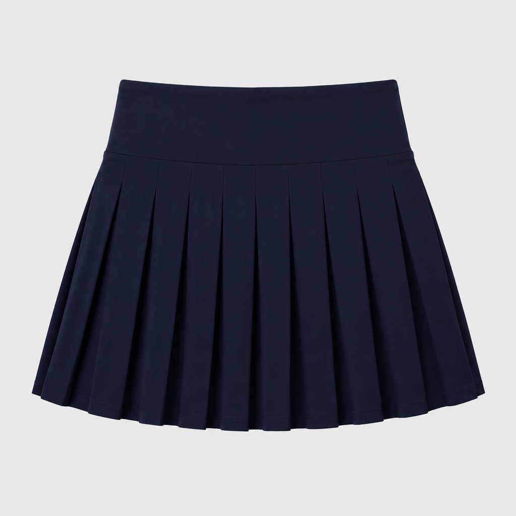 Flat lay of the navy blue pleated skirt from the Fitfigura CourtClass Women Sport Set | Premium Performance.