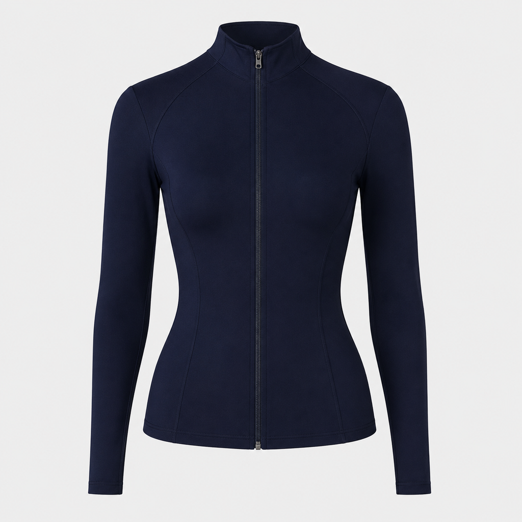 Flat lay of the navy blue Fitfigura CourtClass Women Sport Set | Premium Performance top, showing the long sleeves, zip collar, and fitted shape.
