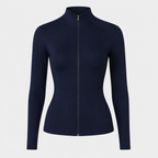 Flat lay of the navy blue Fitfigura CourtClass Women Sport Set | Premium Performance top, showing the long sleeves, zip collar, and fitted shape.
