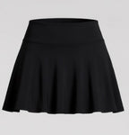 Flat lay of the Fitfigura Court Skirt – Classic Elite Form in black, showing the waistband and softly flared skirt design.