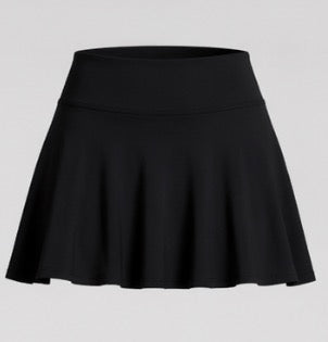 Flat lay of the Fitfigura Court Skirt – Classic Elite Form in black, showing the waistband and softly flared skirt design.