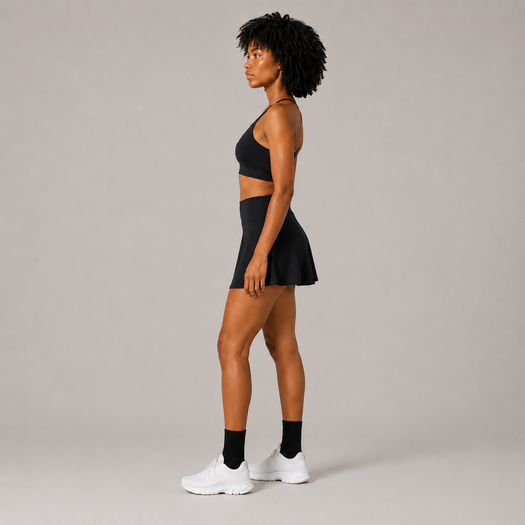 Side profile of the black Fitfigura Court Skirt – Classic Elite Form, highlighting the skirt silhouette and athletic fit.