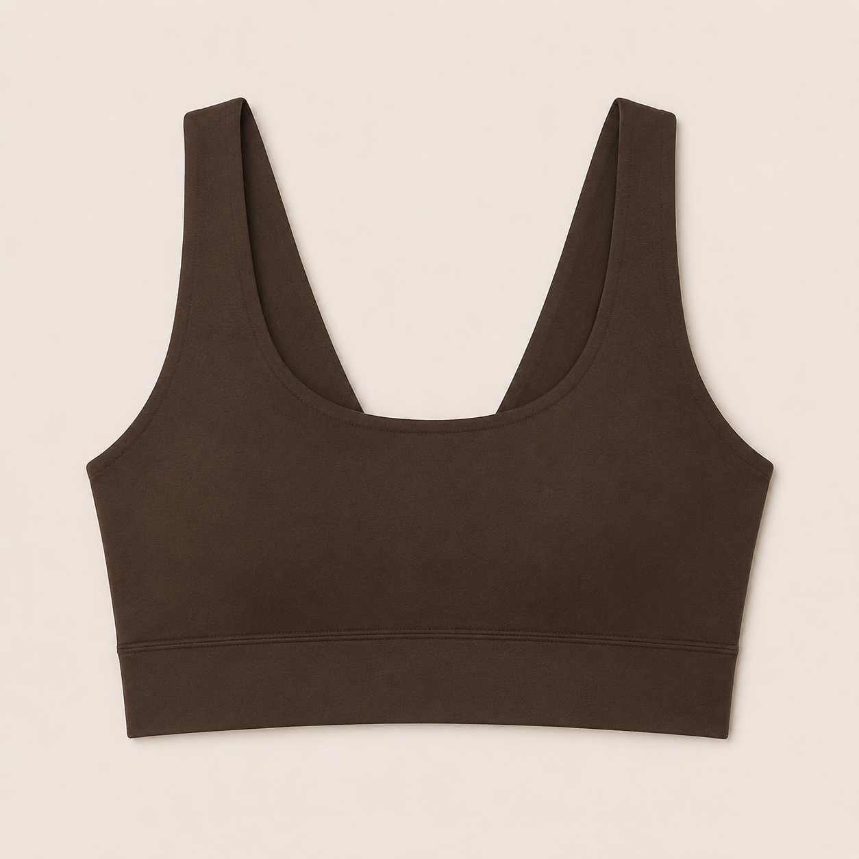 Flat lay front view of the Fitfigura Crossback Bra – Sculpt Line in dark brown, showing the scoop neckline and wide straps.
