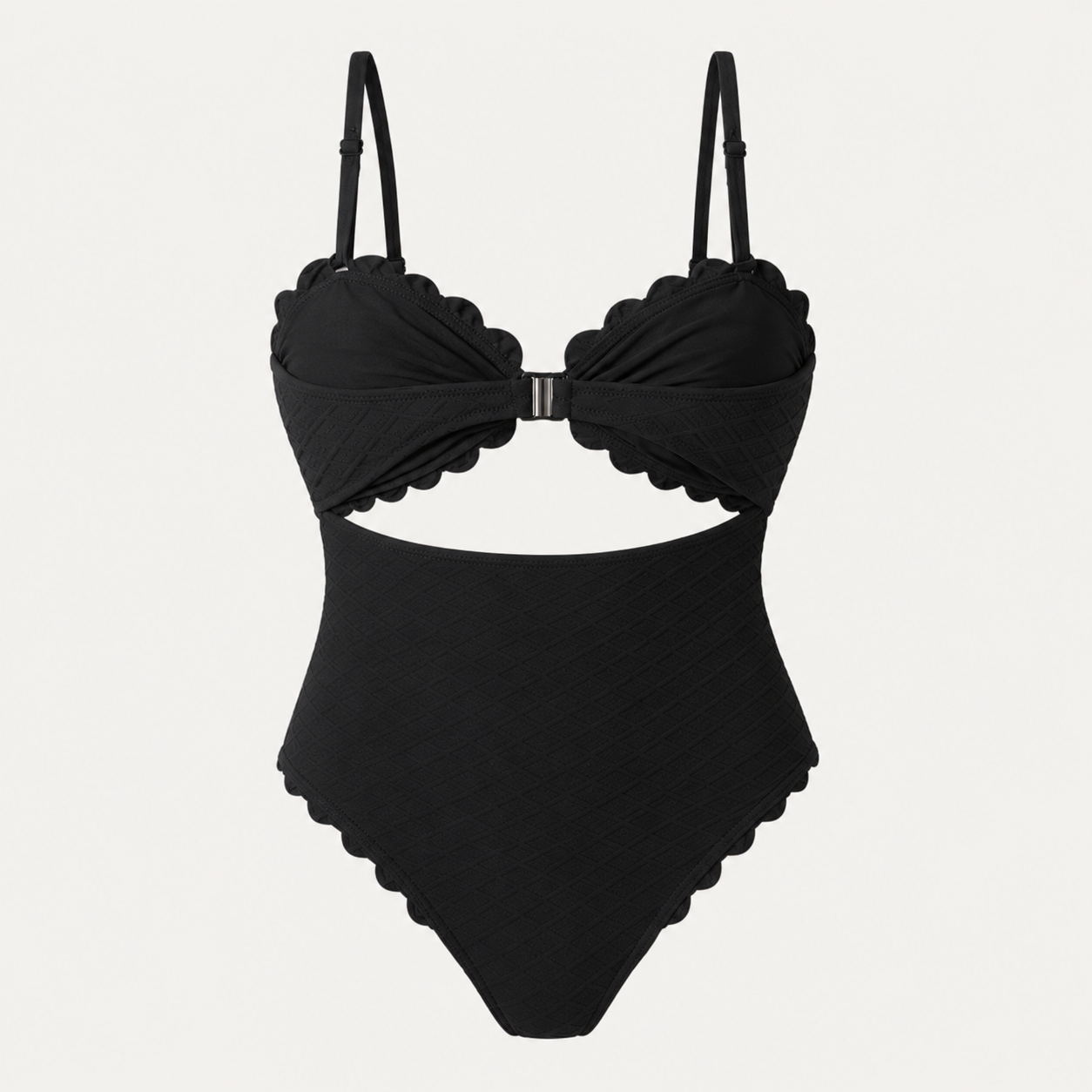 Flat lay of the Fitfigura Cutout One-Piece – Modern Edge Form in black, featuring adjustable straps, cutout front, and gathered bust design.