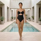 Full-body front view of the Fitfigura Cutout One-Piece – Modern Edge Form in black, showing the sleek one-piece silhouette.