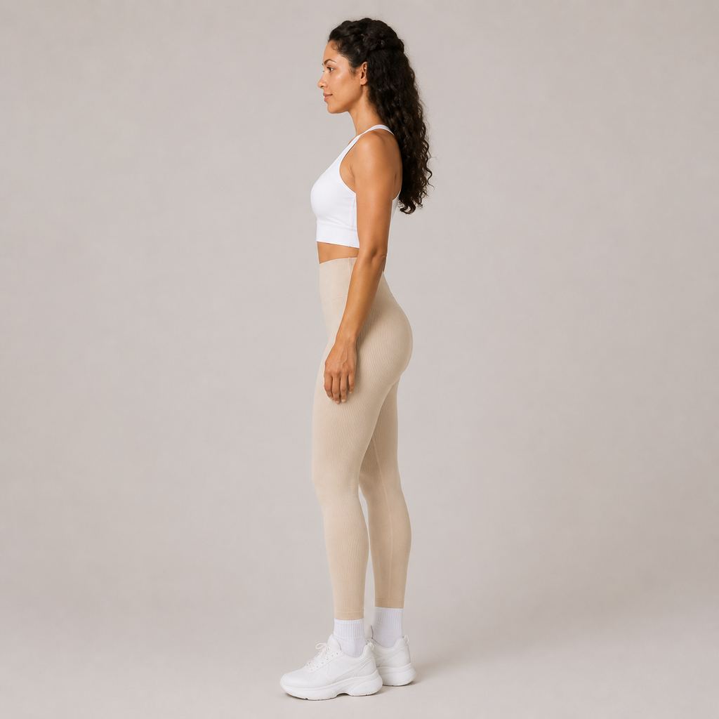Side view of the Fitfigura Flex Rib Legging in cream, showing the high-waisted fit and full-length silhouette.
