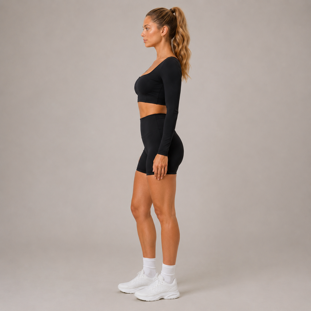Side view of the Fitfigura Freedom Scoop Long Sleeve Crop Top in black, showing the fitted long sleeves and cropped silhouette.