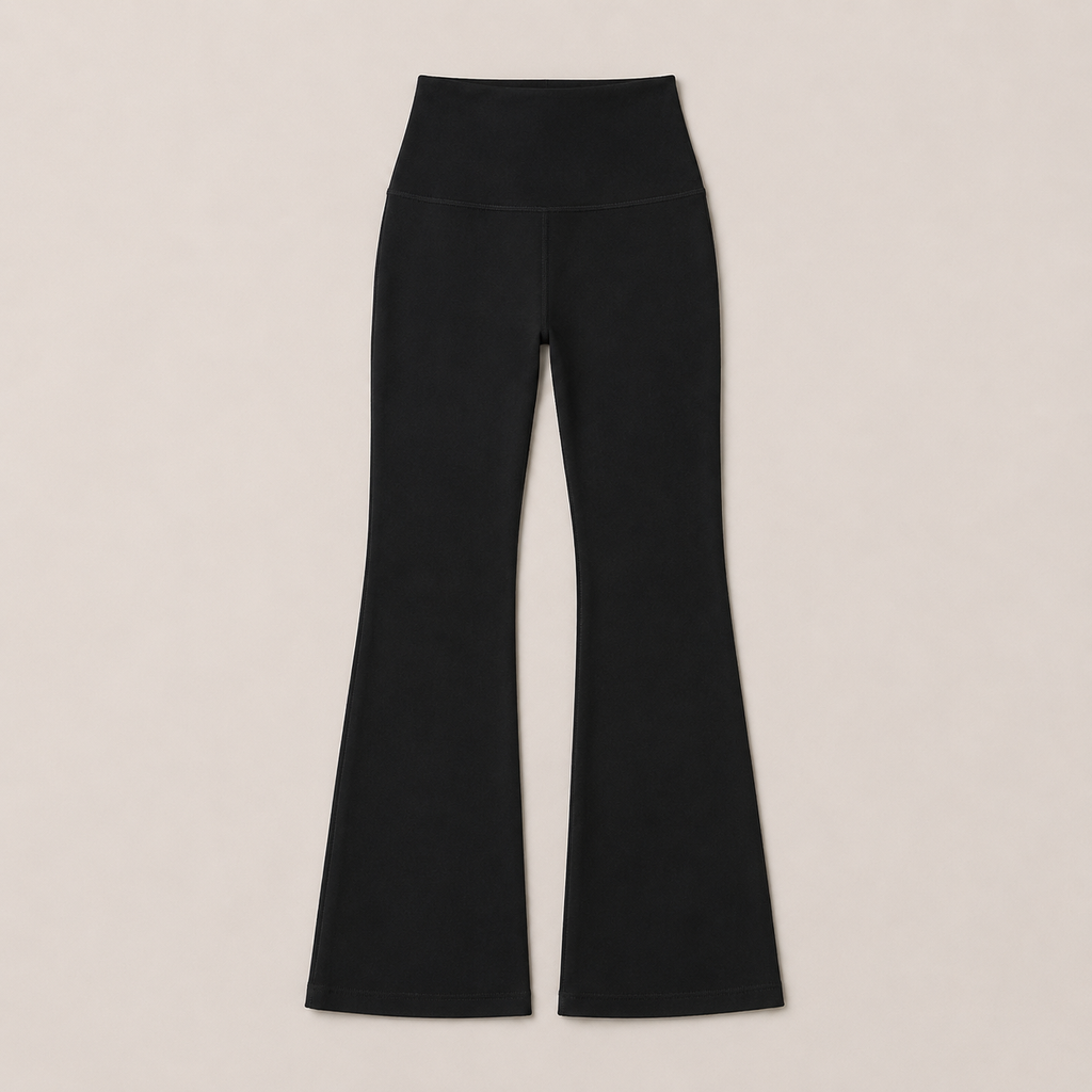 Flat lay of the Fitfigura Lounge Flare Pant – Relaxed Luxury Form in black, showing the high waist and full-length flared leg design.