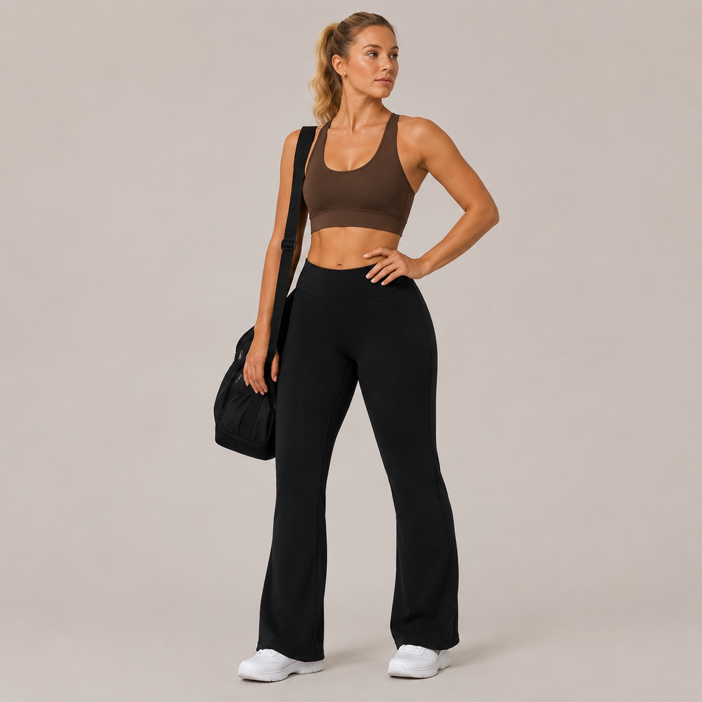 Model wearing the black Fitfigura Lounge Flare Pant – Relaxed Luxury Form with a brown sports bra and carrying a black bag.