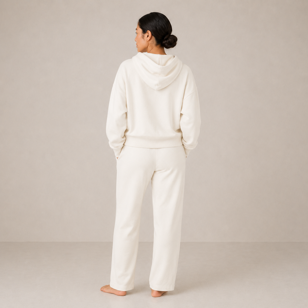 Back view of the ivory Fitfigura Lounge Oversized Hoodie – Soft Form with matching lounge pants.