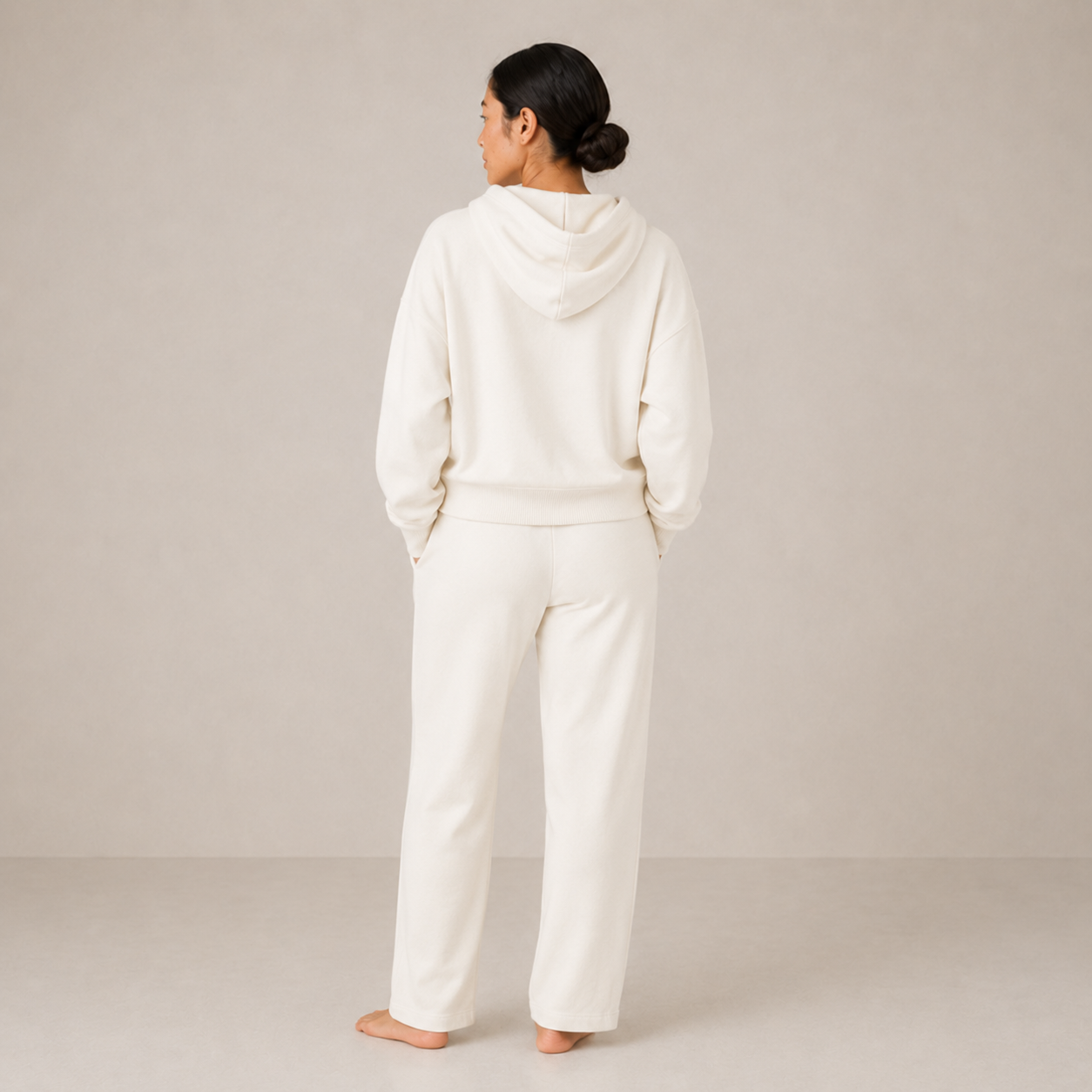 Back view of the ivory Fitfigura Lounge Oversized Hoodie – Soft Form with matching lounge pants.