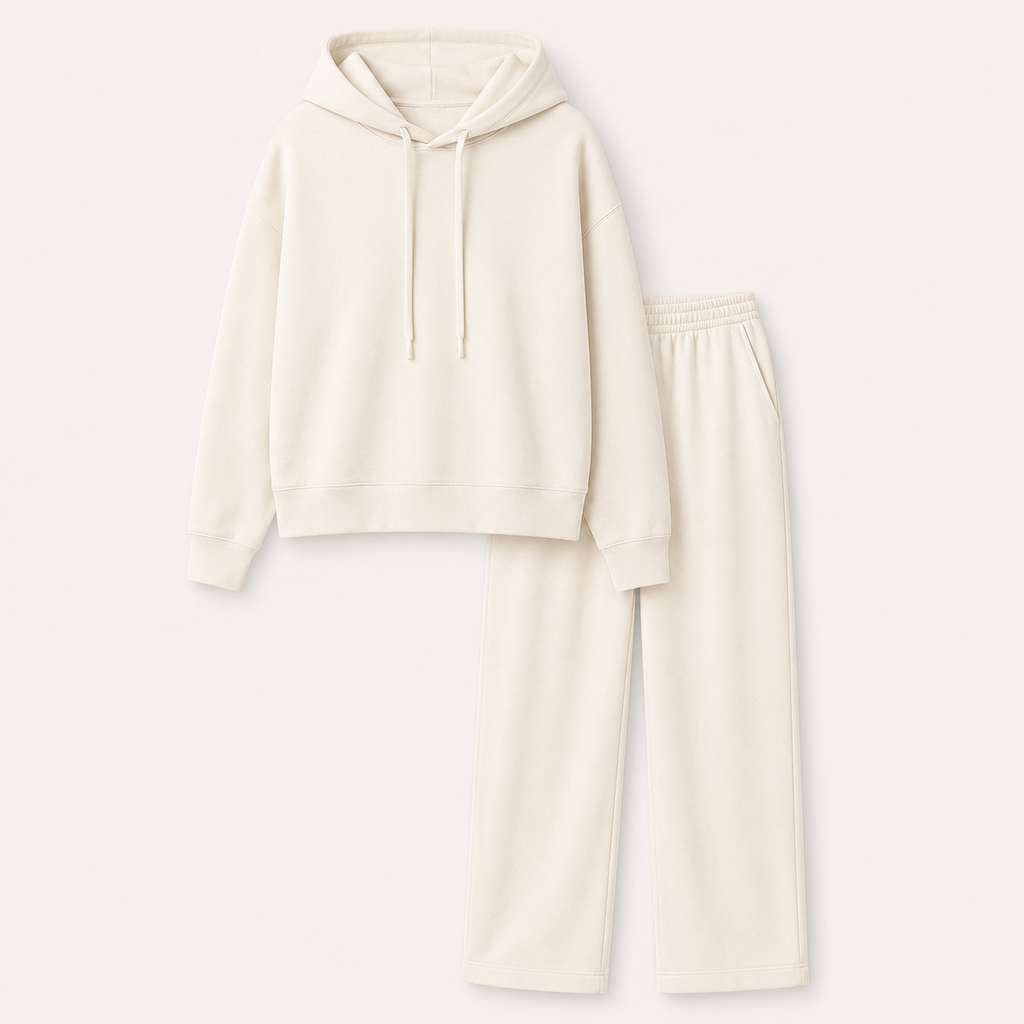 Flat lay of the Fitfigura Lounge Oversized Hoodie – Soft Form with matching ivory pants on a neutral background.