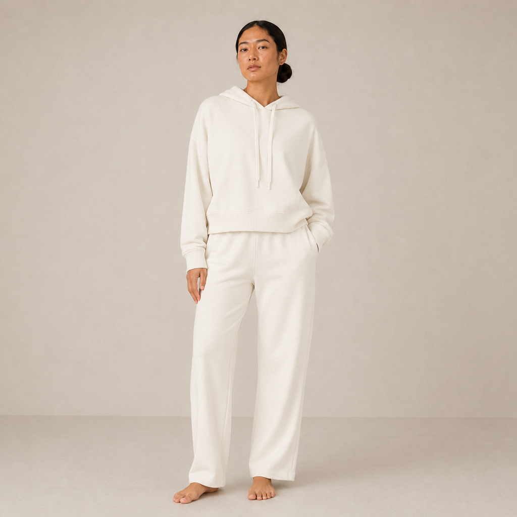 Model wearing the Fitfigura Lounge Oversized Hoodie – Soft Form in ivory with matching lounge pants, shown from the front.